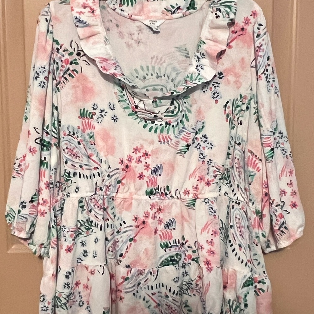 Crown & Ivy Pink and Green Floral Ruffle Blouse